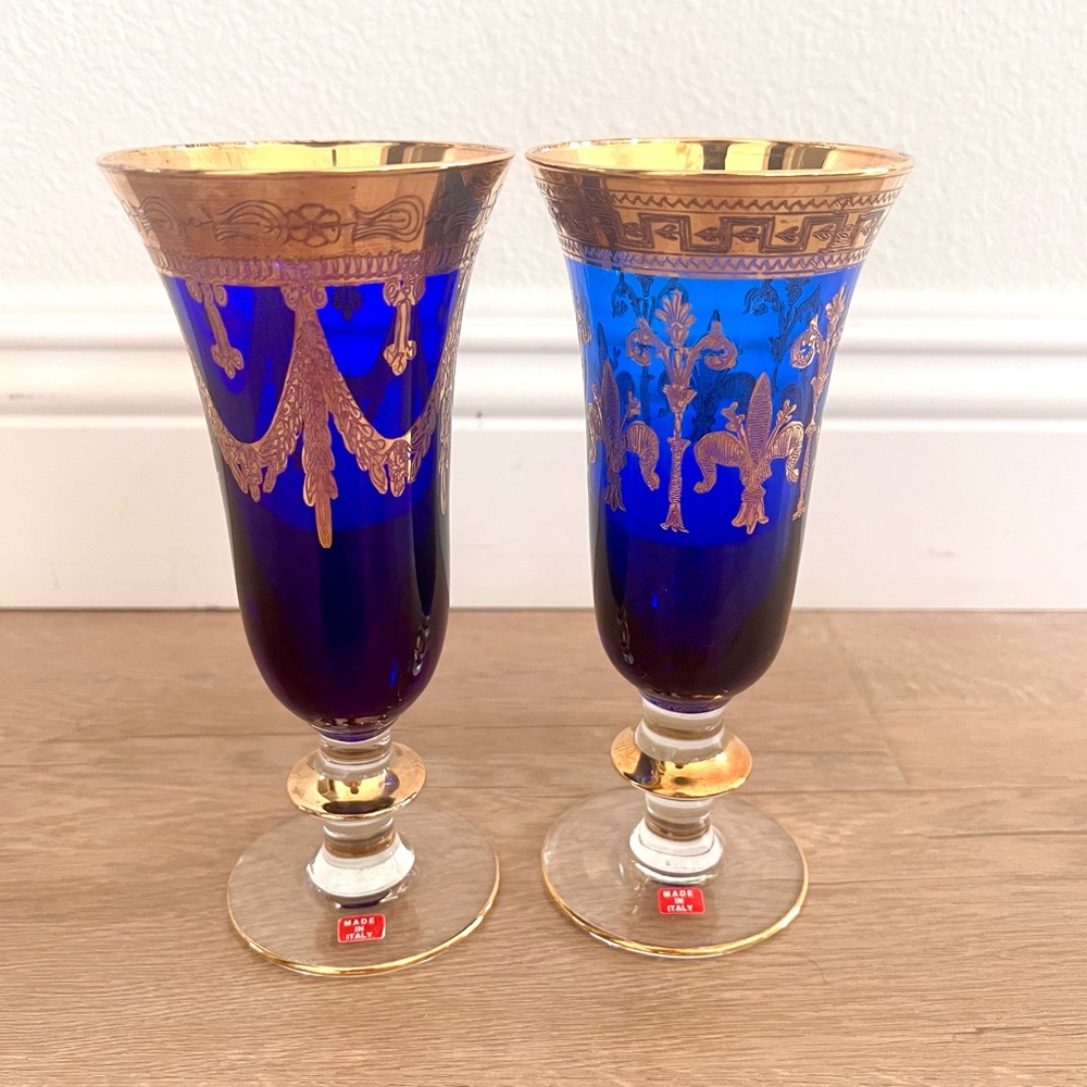 2 PCs Interglass Italian Cobalt Blue 24kt Gold Crystal Champagne Glasses Vtg NWT
